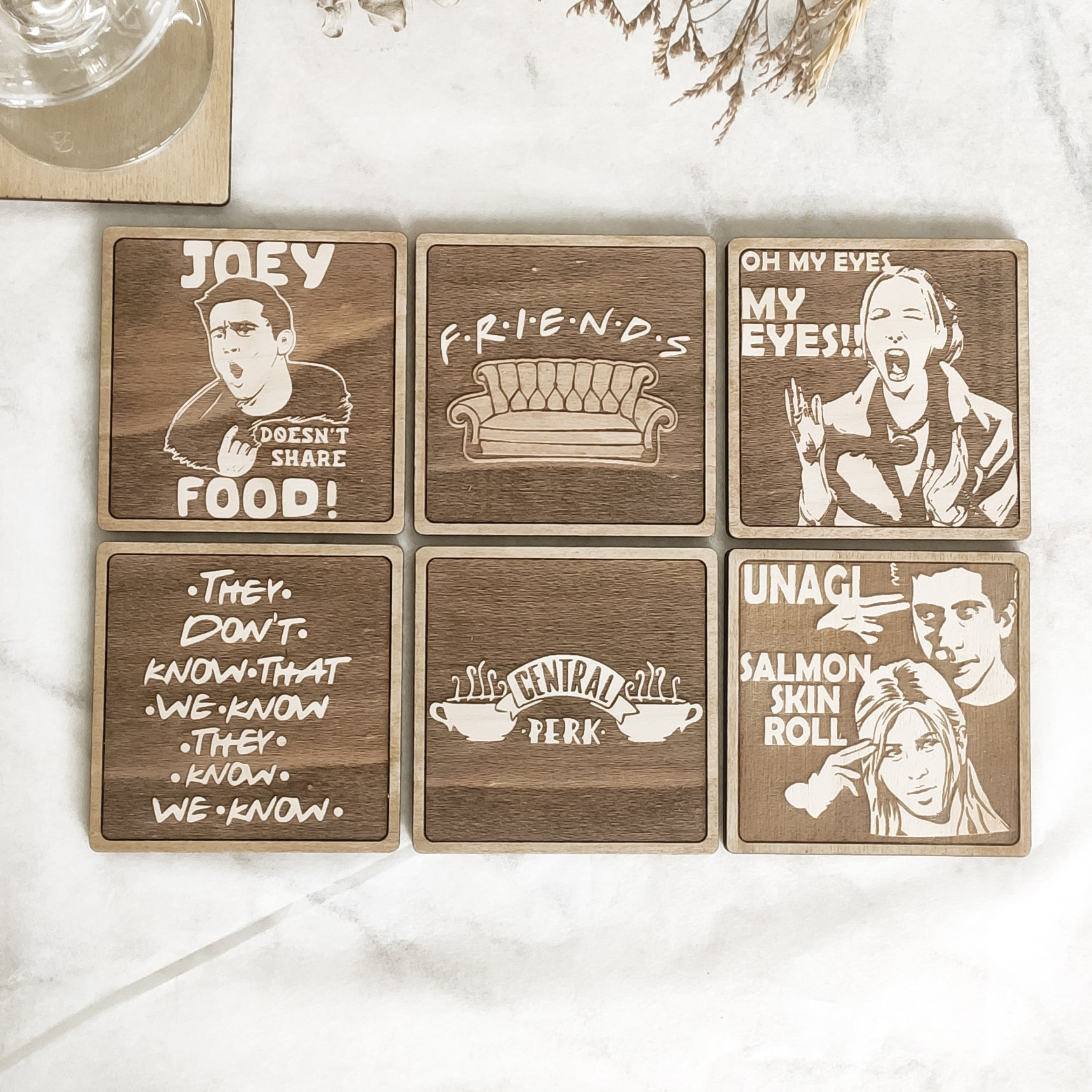 Set of 6 Friends Wooden Coasters - Handmade Gift