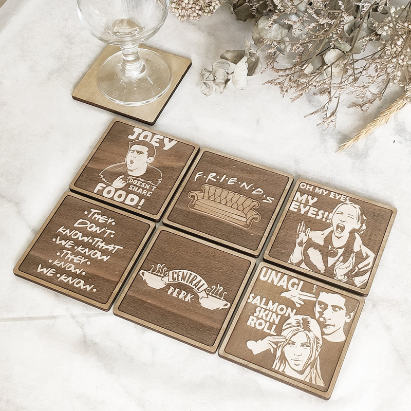 Set of 6 Friends Wooden Coasters - Handmade Gift